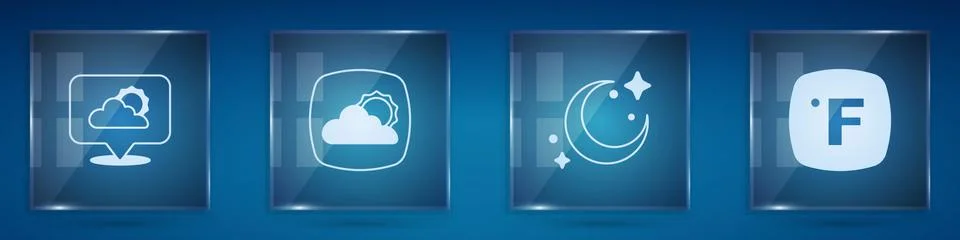 Set Location cloud, Weather forecast, Moon and stars and Fahrenheit. Square Illustrazione stock