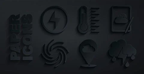 Set Location cloud, Weather forecast, Tornado, Cloud with rain and lightning Illustrazione stock