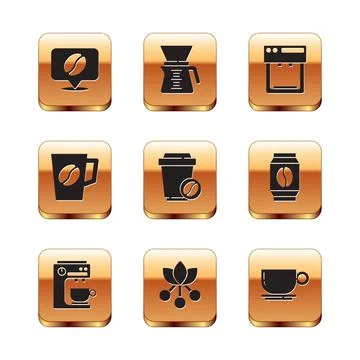 Set Location with coffee bean, Coffee machine, branch, cup to go, and Pour over Ilustración de archivo