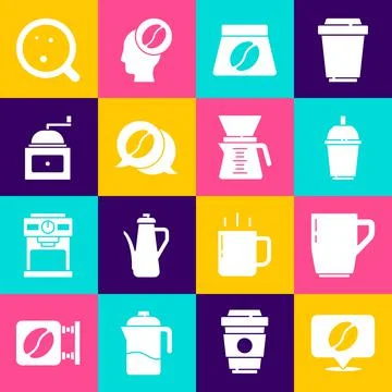 Set Location with coffee bean, Coffee cup, to go, Bag beans, and conversation Ilustración de archivo