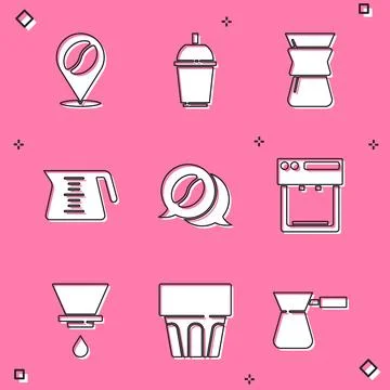 Set Location with coffee bean, Coffee cup to go, Pour over maker, pot, and Ilustración de archivo