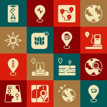 Set Location with coffee cup, Magnifying glass globe, and gas station, Rout.. Stock Illustration