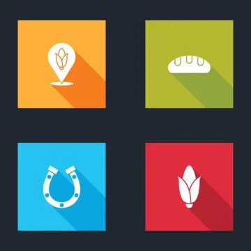 Set Location corn, Bread loaf, Horseshoe and Corn icon. Vector Ilustración de archivo