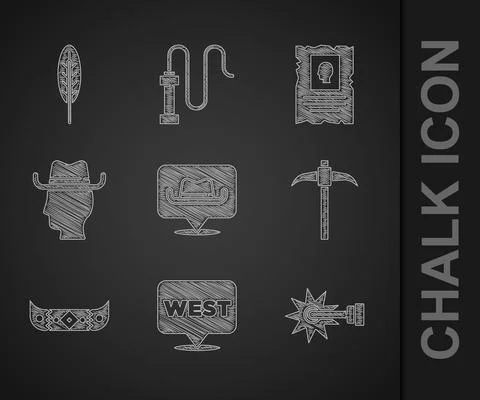 Set Location cowboy, Pointer to wild west, Spur, Pickaxe, Kayak or canoe and Illustrazione stock
