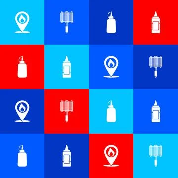 Set Location with fire flame, Barbecue steel grid, Mustard bottle and icon Stock-Illustration