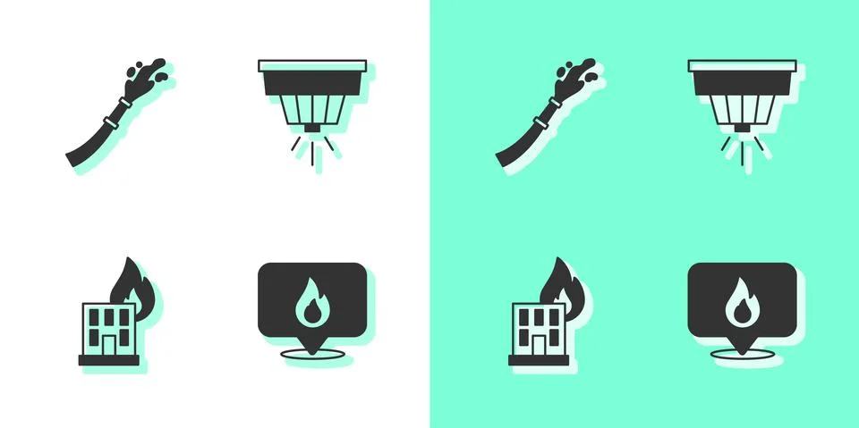 Set Location with fire flame, Fire hose reel, in burning building and Smoke a Ilustración de archivo