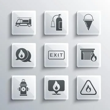 Set Location with fire flame, Fire in triangle, burning garage, exit, hydrant Illustrazione stock