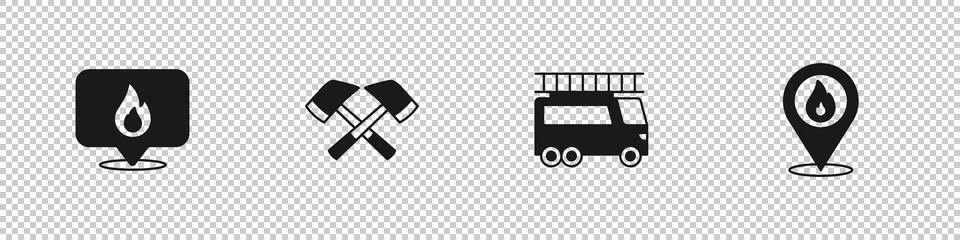 Set Location with fire flame, Firefighter axe, truck and icon. Vector Stock Illustration