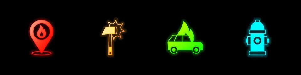 Set Location with fire flame, Firefighter axe, Burning car and hydrant icon Illustration