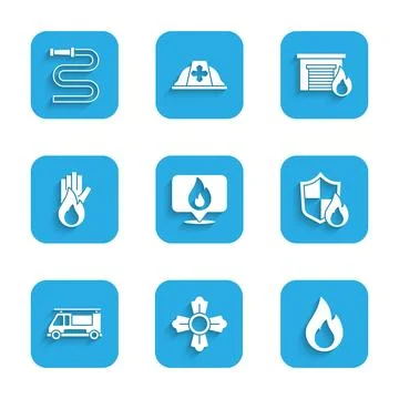 Set Location with fire flame, Firefighter, protection shield, truck, No, in.. Stock Illustration