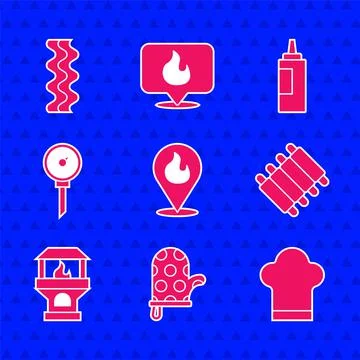 Set Location with fire flame, Oven glove, Chef hat, Grilled pork bbq ribs, Brick Stock Illustration
