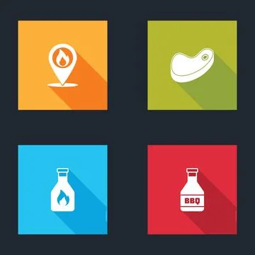 Set Location with fire flame, Steak meat, Ketchup bottle and  icon. Vector Stock Illustration