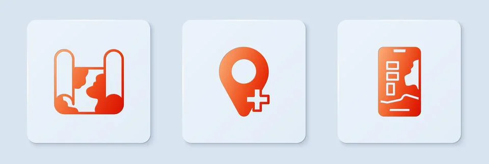 Set Location, Folded map and City navigation. White square button. Vector Stock Illustration