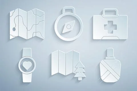 Set Location of the forest, First aid kit, Smart watch showing heart beat rate Stock Illustration