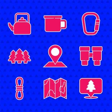 Set Location, of the forest map, Binoculars, Climber rope, Forest, Carabiner and Illustrazione stock