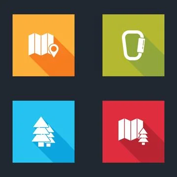 Set Location of the forest on map, Carabiner, Tree and  icon. Vector Stock Illustration