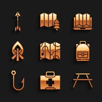 Set Location of the forest on map, First aid kit, Picnic table with benches Stock Illustration