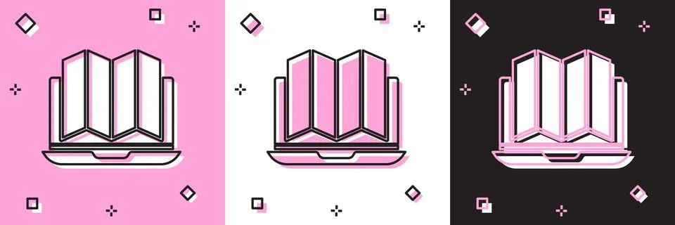 Set Location of the forest on a map in laptop icon isolated on pink and white Illustrazione stock