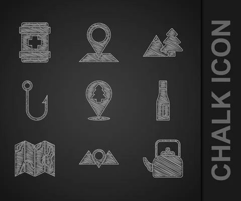 Set Location of the forest, mountains, Kettle with handle, Bottle water, map Illustration