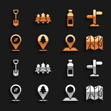 Set Location of the forest, Road traffic signpost, map, Compass, Bottle water Illustrazione stock