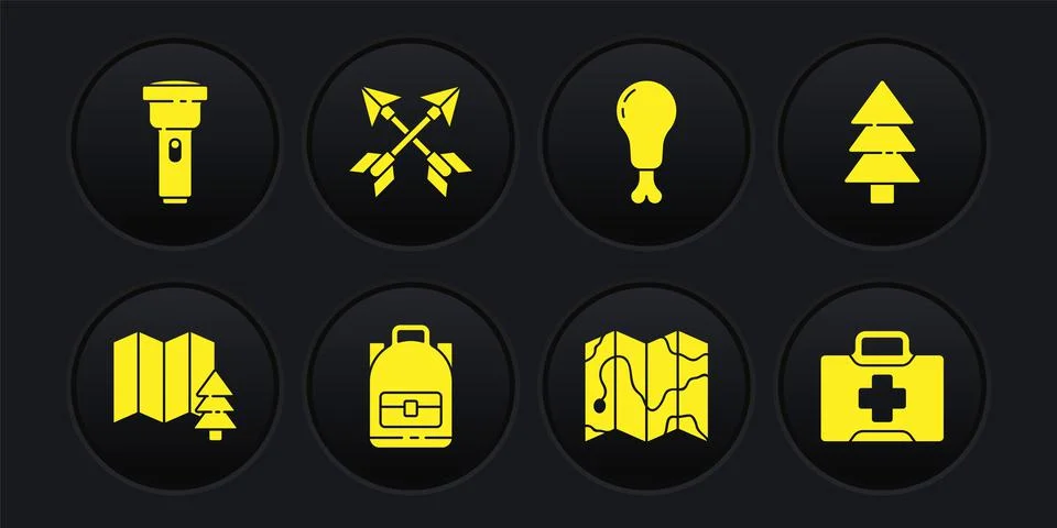 Set Location of the forest, Tree, Hiking backpack, map, Chicken leg, Crossed イラスト素材