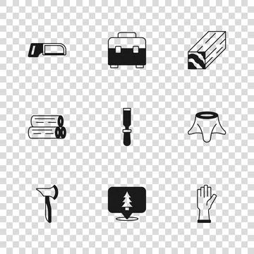 Set Location of the forest, Tree stump, Protective gloves, Chisel tool, Woo.. Stock Illustration