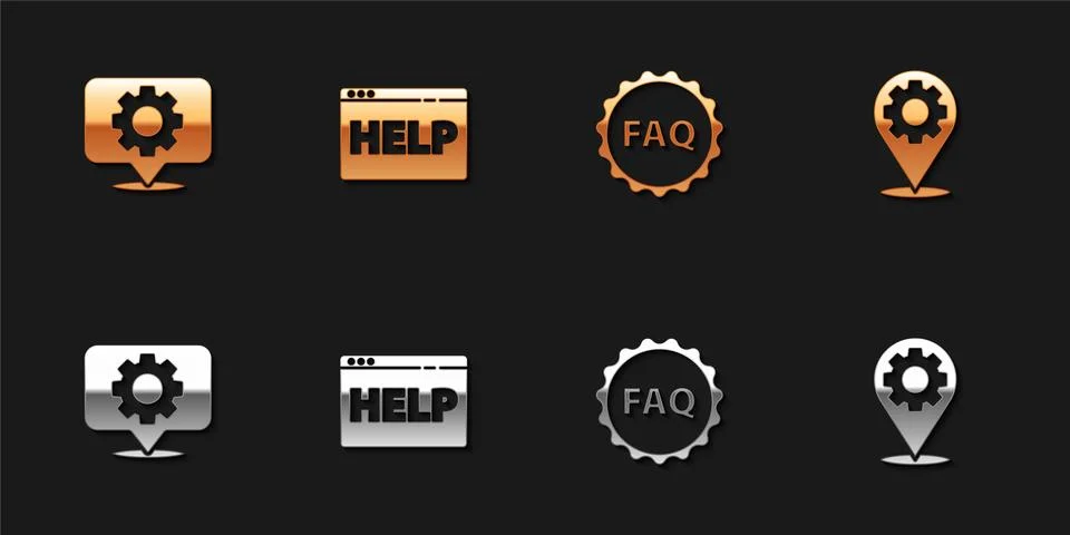 Set Location with gear, Browser help, Label text FAQ and icon. Vector Stock Illustration