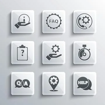 Set Location with gear, Speech bubble text Help, Stopwatch, Settings in the hand Stock-Illustration