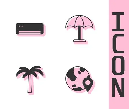 Set Location on the globe, Air conditioner, Tropical palm tree and Sun Stock Illustration