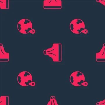 Set Location on the globe and Volcano on seamless pattern. Vector Illustrazione stock