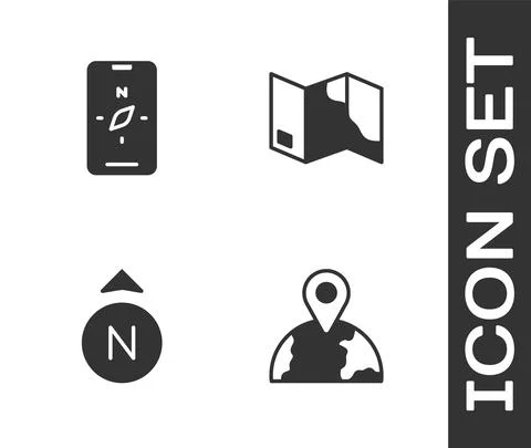 Set Location on the globe, Compass mobile, and Folded map icon. Vector Stock Illustration