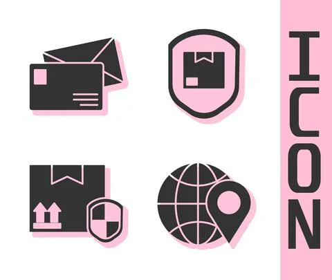 Set Location on the globe, Envelope, Delivery pack security with shield and Stock Illustration
