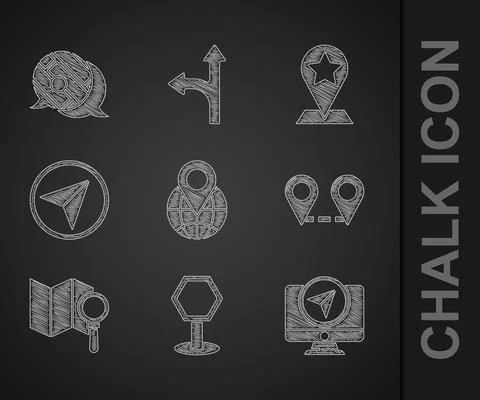 Set Location on the globe, Road traffic sign, Monitor with location marker Stock Illustration
