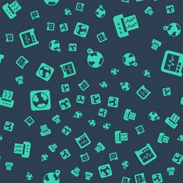 Set Location on the globe, Seismograph, Earth and on seamless pattern. Vector Stock Illustration
