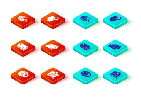 Set Location on the globe, Warehouse, Envelope, Delivery man with cardboard Stock Illustration