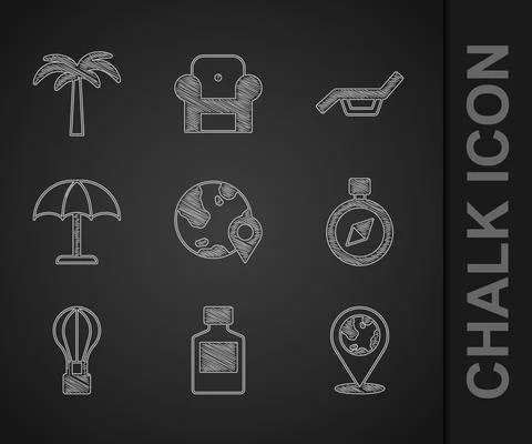 Set Location on the globe, Whiskey bottle, Compass, Hot air balloon, Sun Stock Illustration