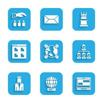 Set Location on the globe, Worldwide, Chat messages laptop, Hierarchy organogram Stock Illustration