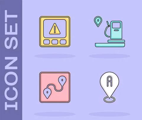 Set Location, Gps device error, Route location and and gas station icon. Vector Illustrazione stock