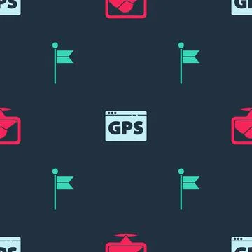 Set Location, Gps device with map and marker on seamless pattern. Vector Stock Illustration