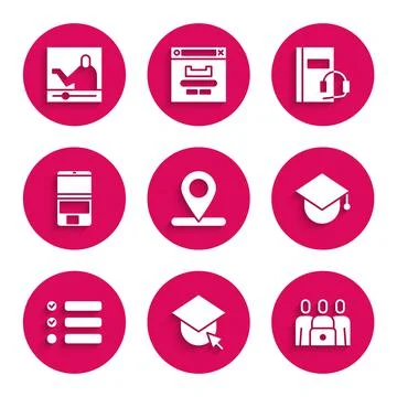 Set Location, Graduation cap globe, Online class, Task list, Laptop, Audio book イラスト素材