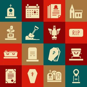 Set Location grave, Coffin, Speech bubble rip death, Death certificate, Sho.. Stock Illustration