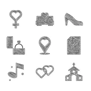 Set Location with heart, Two Linked Hearts, Church building, Greeting card Ilustración de archivo