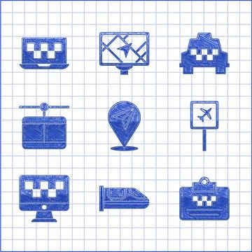 Set Location, High-speed train, Taxi driver license, Airport, Computer call taxi Illustrazione stock