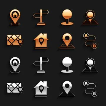 Set Location with house, Folded map location marker, Route, Gps device, Pus.. Illustration