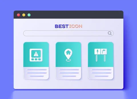 Set Location with house, Gps device error and Road traffic sign icon. Vector Stock Illustration