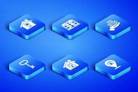 Set Location with house, House under protection, key,  and Skyscraper icon... Stock Illustration