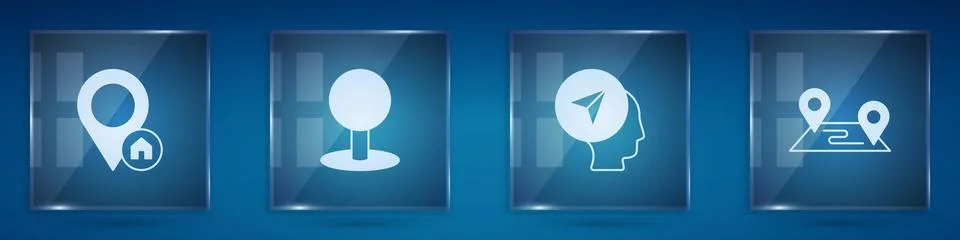 Set Location with house, Push pin, Map marker human and Route location. Squ.. Stock Illustration