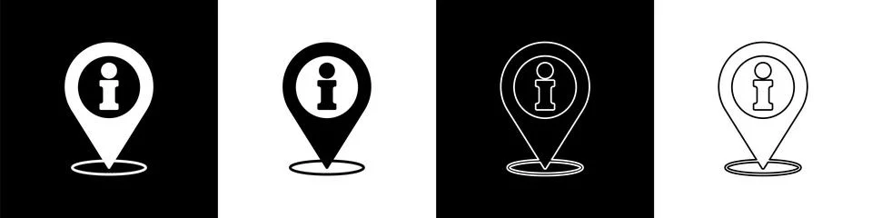 Set Location with information icon isolated on black and white background.  V Illustrazione stock
