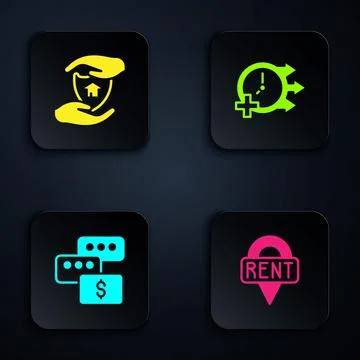 Set Location key, House with shield, Price negotiation and Clock. Black square Stock Illustration