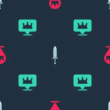 Set Location king crown, Medieval sword and on seamless pattern. Vector Illustrazione stock